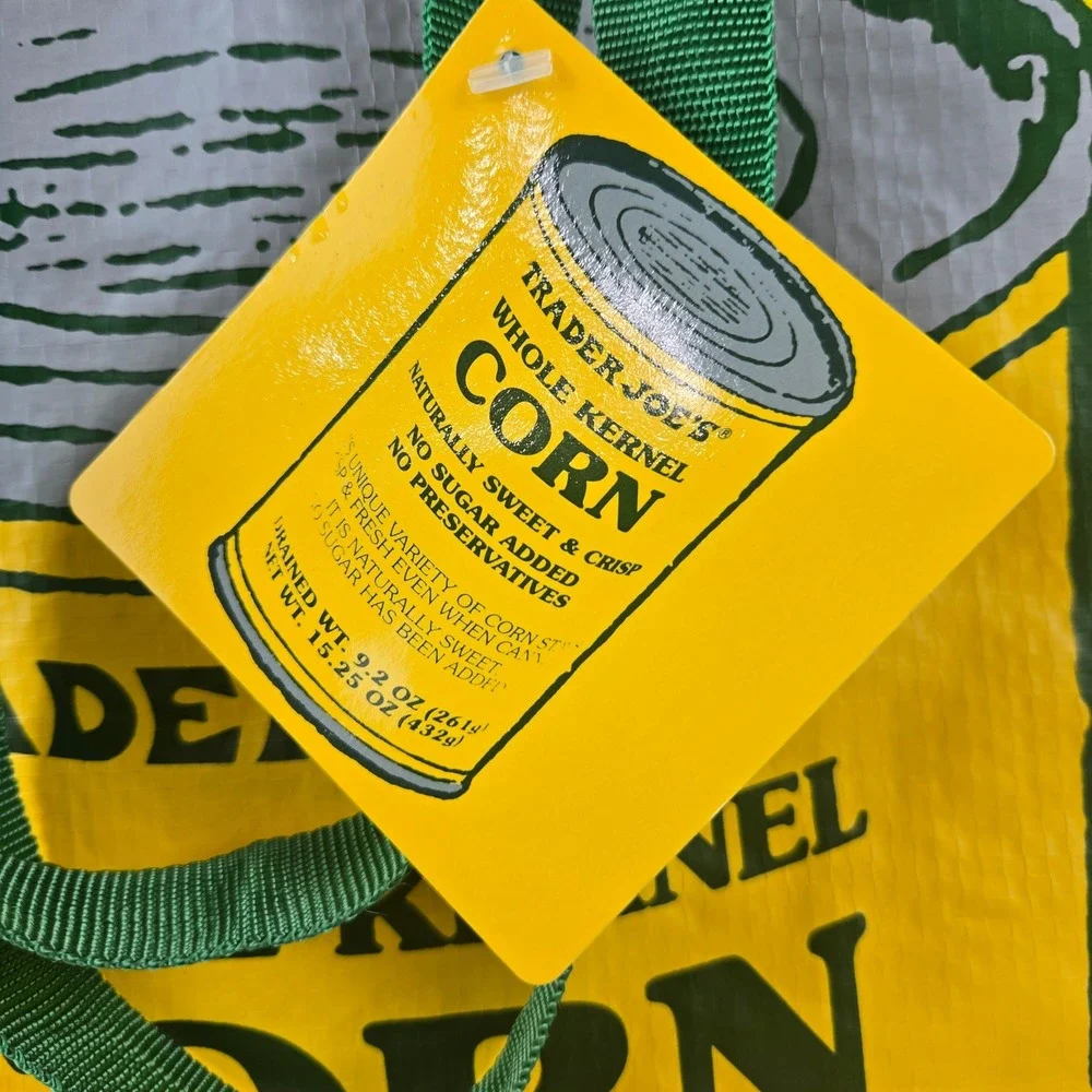 Trader Joe's Reusable Grocery Bag Whole Kernel Corn Can Graphic Yellow NWT RARE
